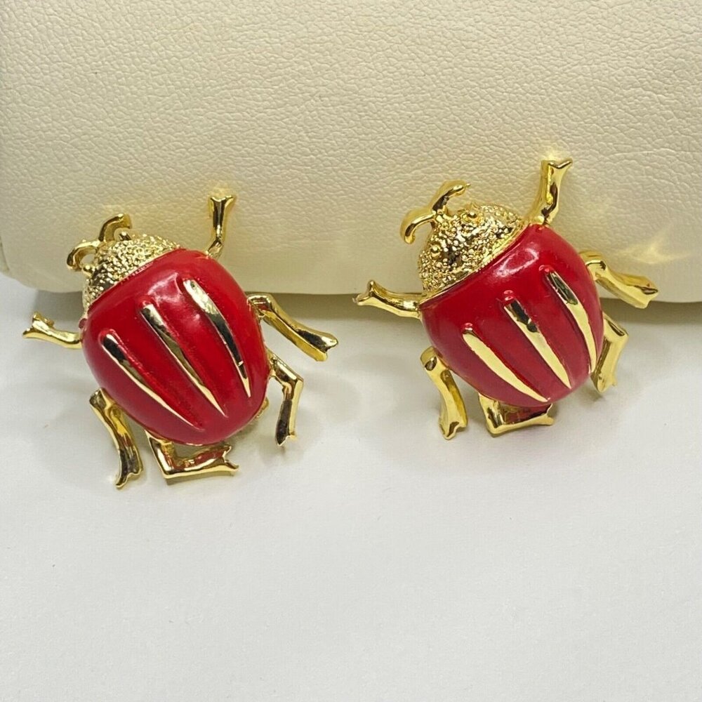 Vintage Red Glazed Enamel Gold ToneBeetle Brooch Set Figural